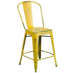 24" High Distressed Yellow Metal Indoor-Outdoor Counter Height Stool with Back