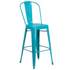 30" High Crystal Teal-Blue Metal Indoor-Outdoor Barstool with Back