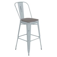 30" High Green-Blue Metal Indoor-Outdoor Barstool with Gray Poly Resin Wood Seat