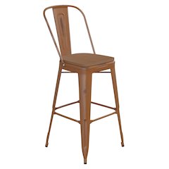 30" High Orange Metal Indoor-Outdoor Barstool with Teak Poly Resin Wood Seat