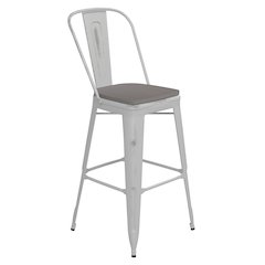 30" High White Metal Indoor-Outdoor Barstool with Gray Poly Resin Wood Seat
