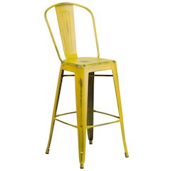 Commercial Grade 30" High Distressed Yellow Metal Indoor-Outdoor Barstool with Back
