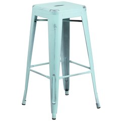 30" High Backless Distressed Green-Blue Metal Indoor-Outdoor Barstool