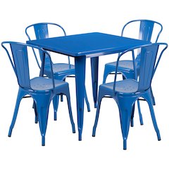 31.5" Square Blue Metal Indoor-Outdoor Table Set with 4 Stack Chairs