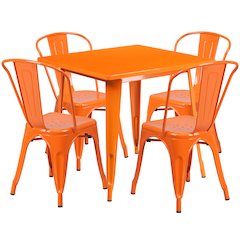 31.5" Square Orange Metal Indoor-Outdoor Table Set with 4 Stack Chairs