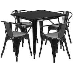 31.5" Square Black Metal Indoor-Outdoor Table Set with 4 Arm Chairs
