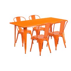 Commercial Grade 31.5" x 63" Rectangular Orange Metal Indoor-Outdoor Table Set with 4 Stack Chairs