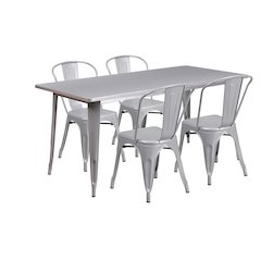 31.5" x 63" Silver Metal Indoor-Outdoor Table Set with 4 Stack Chairs