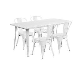 Commercial Grade 31.5" x 63" Rectangular White Metal Indoor-Outdoor Table Set with 4 Stack Chairs