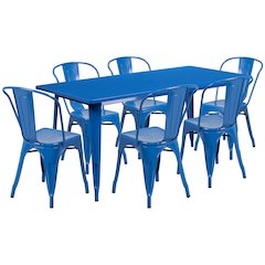 1.5" x 63" Rectangular Blue Metal Indoor-Outdoor Table Set with 6 Stack Chairs