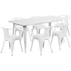 31.5" x 63" Rectangular White Metal Indoor-Outdoor Table Set with 6 Arm Chairs