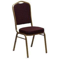 Crown Back Stacking Banquet Chair in Burgundy Patterned Fabric - Gold Frame