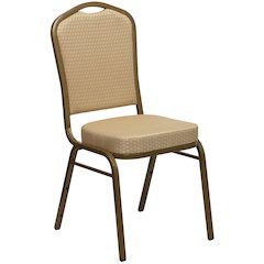 Crown Back Stacking Banquet Chair in Beige Patterned Fabric - Gold Frame