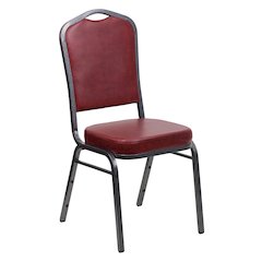 Crown Back Stacking Banquet Chair in Burgundy Vinyl - Silver Vein Frame