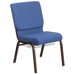18.5''W Church Chair in Blue Fabric with Cup Book Rack - Gold Vein Frame
