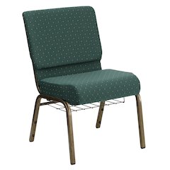 21''W Church Chair in Hunter Green Dot Fabric with Book Rack - Gold Vein Frame