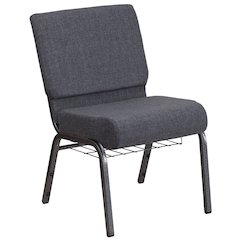21''W Church Chair in Dark Gray Fabric with Book Rack - Silver Vein Frame