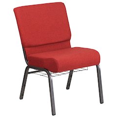 21''W Church Chair in Crimson Fabric with Cup Book Rack - Silver Vein Frame