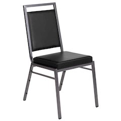Square Back Stacking Banquet Chair in Black Vinyl with Silvervein Frame