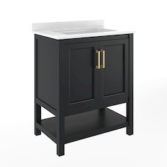 Vega 30" Bathroom Vanity with Sink, Soft Close Doors & Open Shelf, Black/White