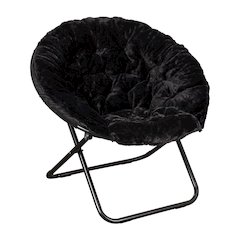 38" Portable Faux Fur Folding Saucer Moon Chair, Black Faux Fur/Black Frame