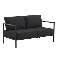 Patio Loveseat with Cushions  with Teak Accent Arms, Black-Charcoal Cushions