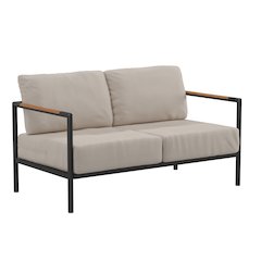 Patio Loveseat with Cushions with Teak Accent Arms, Black with Beige Cushions