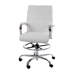 Mid-Back White Drafting Chair with Adjustable Foot Ring and Chrome Base