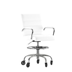 Mid-Back White Drafting Chair with Adjustable Foot Ring, Chrome Base,