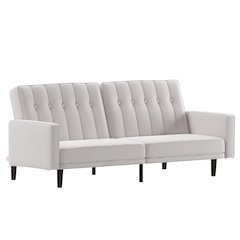 Sofa Futon in Stone Faux Linen Upholstery with Solid Wooden Legs