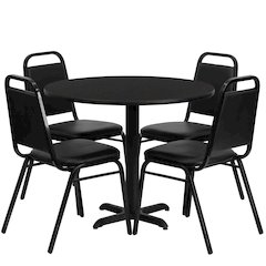 36'' Round Black Laminate Table Set with X-Base and 4 Black Trapezoidal Back Banquet Chairs