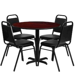 36'' Round Mahogany Laminate Table Set with X-Base and 4 Black Trapezoidal Back Banquet Chairs