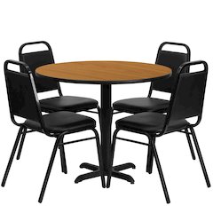 36'' Natural Table Set with X-Base and 4 Black Trapezoidal Back Banquet Chairs