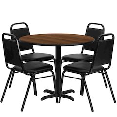 36'' Round Walnut Laminate Table Set with X-Base and 4 Black Trapezoidal Back Banquet Chairs
