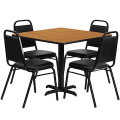 36'' Natural Table Set with X-Base and 4 Black Trapezoidal Back Banquet Chairs