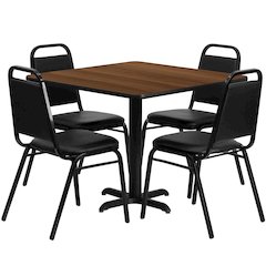 36'' Square Walnut Laminate Table Set with X-Base and 4 Black Trapezoidal Back Banquet Chairs