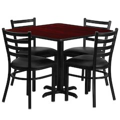 36'' Square Mahogany Laminate Table Set with X-Base and 4 Ladder Back Metal Chairs - Black Vinyl Seat