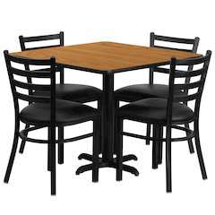 36'' Natural Table Set with X-Base and 4 Metal Chairs - Black Vinyl Seat