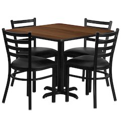 36'' Square Walnut Laminate Table Set with X-Base and 4 Ladder Back Metal Chairs - Black Vinyl Seat