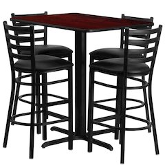 24''W x 42''L Rectangular Mahogany Laminate Table Set with 4 Ladder Back Metal Barstools - Black Vinyl Seat