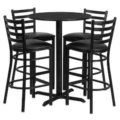 30'' Black Table Set with X-Base and 4 Metal Barstools - Black Vinyl Seat
