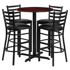 30'' Mahogany Table Set with X-Base and 4 Metal Barstools - Black Vinyl Seat