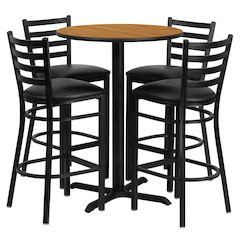30'' Natural Table Set with X-Base and 4 Metal Barstools - Black Vinyl Seat