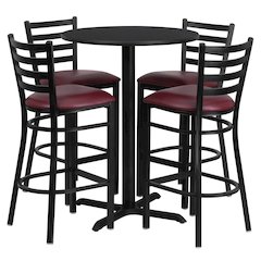 30'' Black Table Set with X-Base and 4 Metal Barstools - Burgundy Vinyl Seat