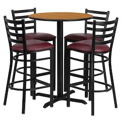 30'' Natural Table Set with X-Base and 4 Metal Barstools - Burgundy Vinyl Seat