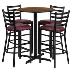 30'' Walnut Table Set with X-Base and 4 Metal Barstools - Burgundy Vinyl Seat