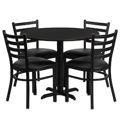 36'' Round Black Laminate Table Set with X-Base and 4 Ladder Back Metal Chairs - Black Vinyl Seat
