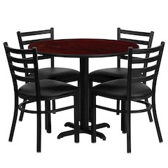 36'' Mahogany Table Set with X-Base and 4 Metal Chairs - Black Vinyl Seat