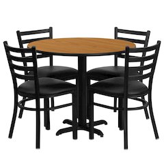 36'' Natural Table Set with X-Base and 4 Metal Chairs - Black Vinyl Seat