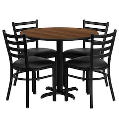 36'' Round Walnut Laminate Table Set with X-Base and 4 Ladder Back Metal Chairs - Black Vinyl Seat